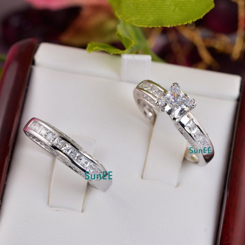 NEW 925 STERLING SILVER PRINCESS DIAMOND CUT WEDDING RINGS ENGAGEMENT RINGS - Picture 3 of 3